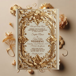 Gold Ornate Baroque Grandeur Floral Motif Wedding  招待状