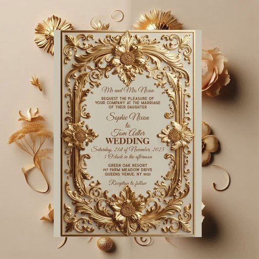 Gold Ornate Baroque Grandeur Floral Motif Wedding  招待状