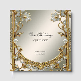 Gold Ornate White Floral Guest Book ゲストブック