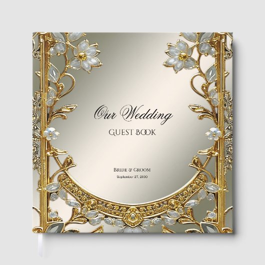 Gold Ornate White Floral Guest Book ゲストブック (正面)