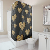Gold Outline Hearts on Black Marble Texture シャワーカーテン (インサイチュ)