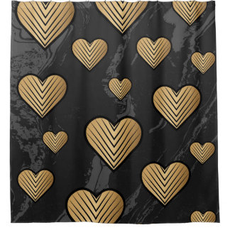 Gold Outline Hearts on Black Marble Texture シャワーカーテン
