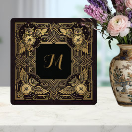 Gold Owl Compass Monogram Art Deco Ceramic Tile タイル