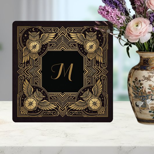 Gold Owl Compass Monogram Art Deco Ceramic Tile タイル