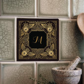 Gold Owl Compass Monogram Art Deco Ceramic Tile タイル