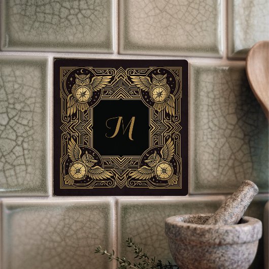 Gold Owl Compass Monogram Art Deco Ceramic Tile タイル