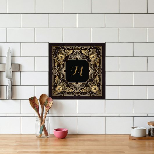 Gold Owl Compass Monogram Art Deco Ceramic Tile タイル
