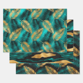 Gold Palm Leaves with Teal and Black Abstract ラッピングペーパーシート