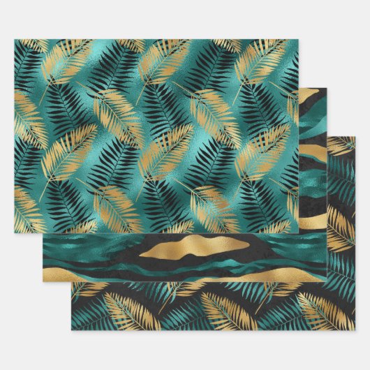 Gold Palm Leaves with Teal and Black Abstract ラッピングペーパーシート (セット)