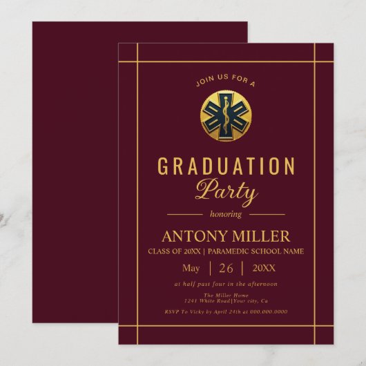 Gold paramedic Class Of 2026 burgundy graduation 招待状 (正面/裏面)