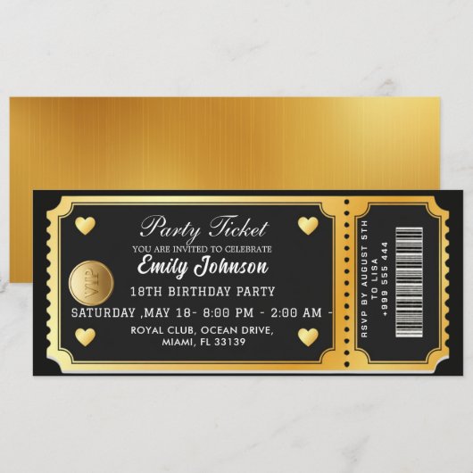 Gold Party Ticket Invitation 招待状 (正面/裏面)