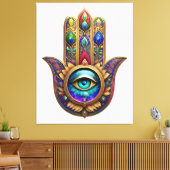 Gold Peacock Colors Hamsa Green Sapphire Third Eye キャンバスプリント (インサイチュ (リビング))