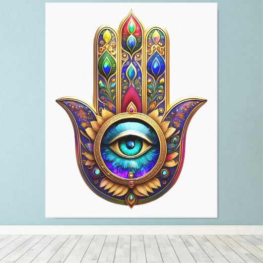 Gold Peacock Colors Hamsa Green Sapphire Third Eye キャンバスプリント (インサイチュ (ウッドフロア))