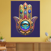 Gold Peacock Colors Hamsa Green Sapphire Third Eye キャンバスプリント (インサイチュ (リビング))