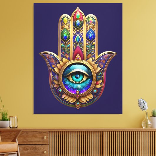 Gold Peacock Colors Hamsa Green Sapphire Third Eye キャンバスプリント (インサイチュ (リビング))