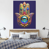 Gold Peacock Colors Hamsa Green Sapphire Third Eye キャンバスプリント (インサイチュ (寝室))