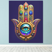 Gold Peacock Colors Hamsa Green Sapphire Third Eye キャンバスプリント (インサイチュ (ウッドフロア))