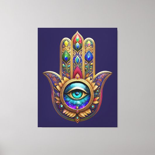 Gold Peacock Colors Hamsa Green Sapphire Third Eye キャンバスプリント (正面)