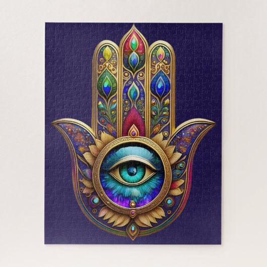 Gold Peacock Colors Hamsa Green Sapphire Third Eye ジグソーパズル (縦)