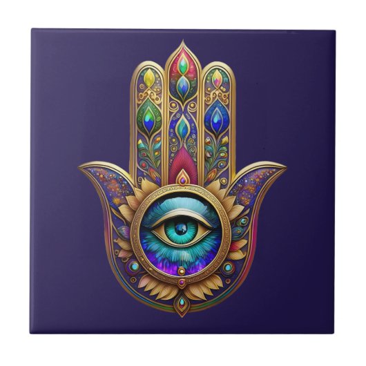 Gold Peacock Colors Hamsa Green Sapphire Third Eye タイル (正面)