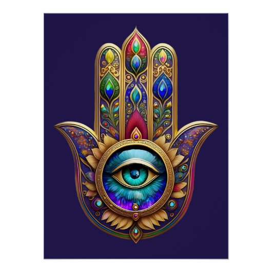 Gold Peacock Colors Hamsa Green Sapphire Third Eye ポスター (正面)