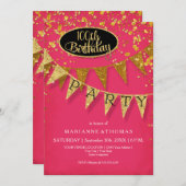 Gold Pennant Any Year Pink Birthday Confetti 招待状 (正面/裏面)