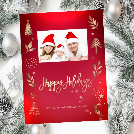 Gold Pine Tree Branch Red Photo Happy Holidays ノートカード