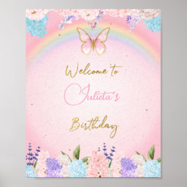 Gold Pink Butterfly Birthday Welcome Sign ポスター