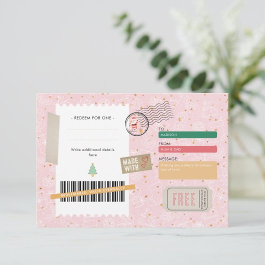 Gold Pink Christmas Pattern Ticket Gift Voucher (スタンド正面)