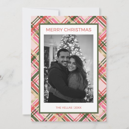 Gold & pink Christmas plaid flat Holiday Card シーズンカード (正面)