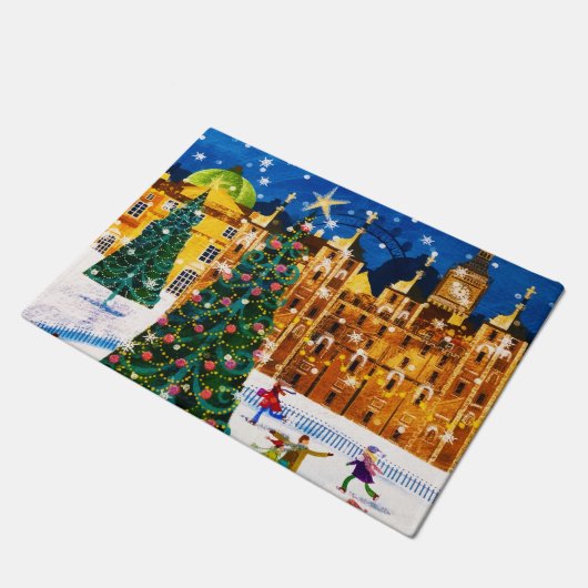 Gold Pink Christmas Winter Ice Skating  ドアマット (アングル)