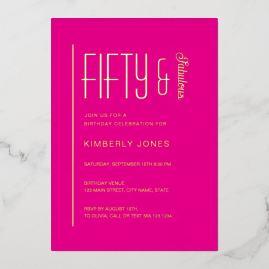 Gold Pink Fifty and Fabulous 50th Birthday Party 箔招待状 (正面)