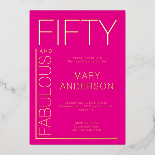 Gold Pink Fifty and Fabulous 50th Birthday Party 箔招待状 (正面)