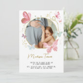 Gold Pink Floral Butterfly Baby Shower Photo  招待状 (スタンド正面)
