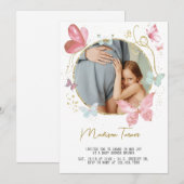 Gold Pink Floral Butterfly Baby Shower Photo  招待状 (正面/裏面)