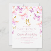 Gold Pink Purple Butterfly Baby Shower 招待状 (正面)
