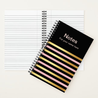 Gold & Pink Striped Notes Journal Custom Name Book ノートブック