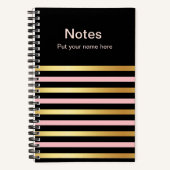 Gold & Pink Striped Notes Journal Custom Name Book ノートブック (正面)