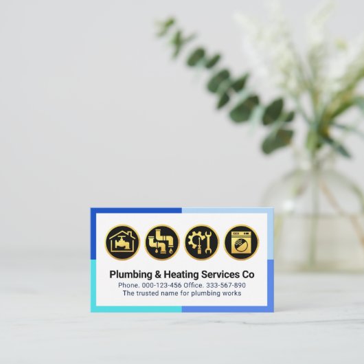 Gold Plumbing Icons On Blue Frame 名刺 (スタンド正面)