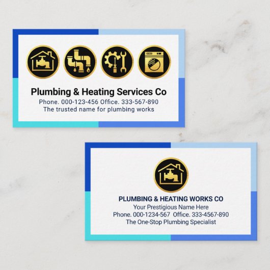 Gold Plumbing Icons On Blue Frame 名刺 (正面/裏面)
