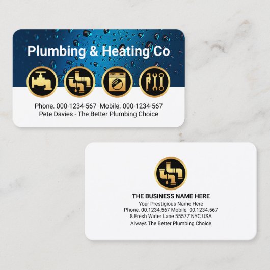 Gold Plumbing Icons on Waterdrop Layer 名刺 (正面/裏面)