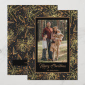 Gold Poinsettias Black Christmas Photo シーズンカード (正面/裏面)