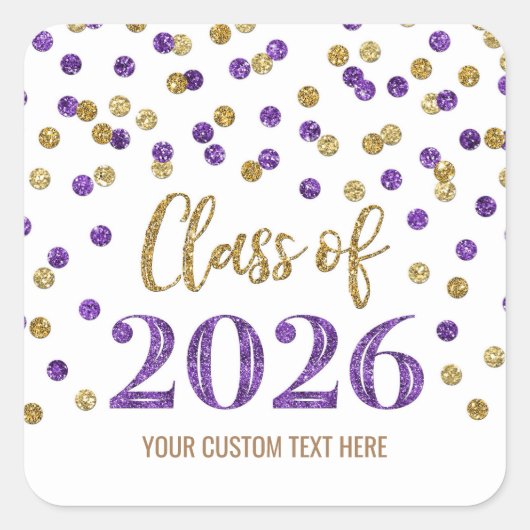 Gold Purple Confetti Graduation 2026 スクエアシール (正面)