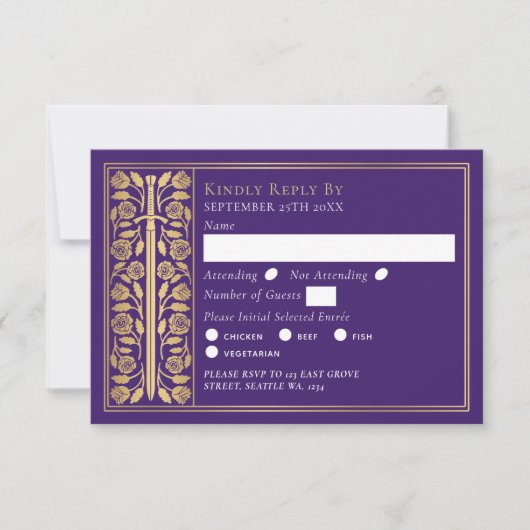Gold Purple Medieval Sword Wedding RSVP (正面)