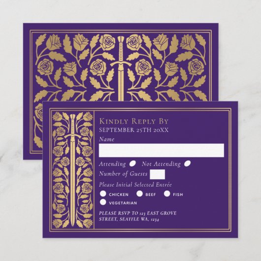 Gold Purple Medieval Sword Wedding RSVP (正面/裏面)