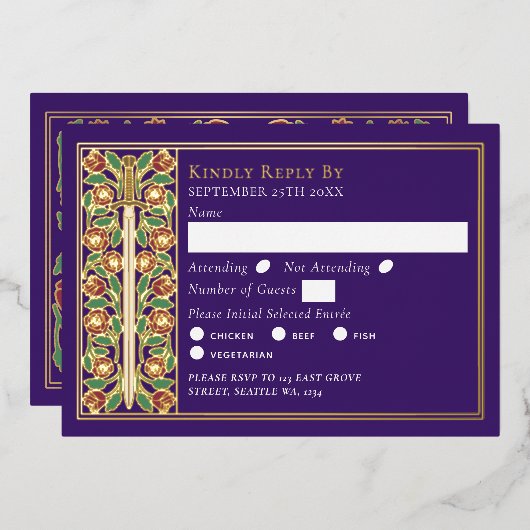 Gold Purple Medieval Sword Wedding RSVP 箔招待状 (正面/裏面)