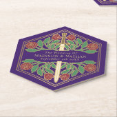 Gold Purple Royal Medieval Floral Sword Wedding ペーパーコースター (アングル)