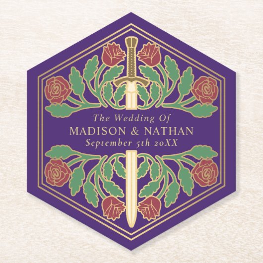 Gold Purple Royal Medieval Floral Sword Wedding ペーパーコースター (正面)