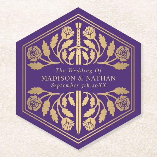 Gold Purple Royal Medieval Sword Wedding ペーパーコースター (正面)
