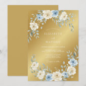 Gold Radiant Dusty Blue Wedding 招待状 (正面/裏面)